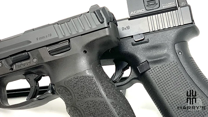 A side-by-side photo of the HK VP9 vs Glock 17