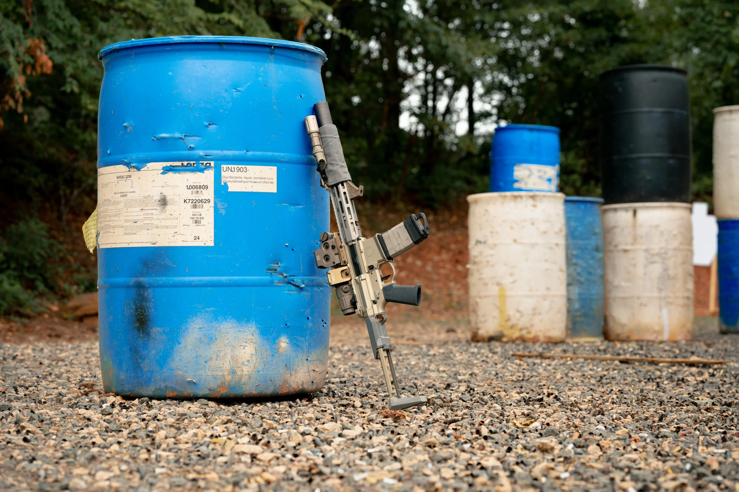 Honey Badger on barrel at the range